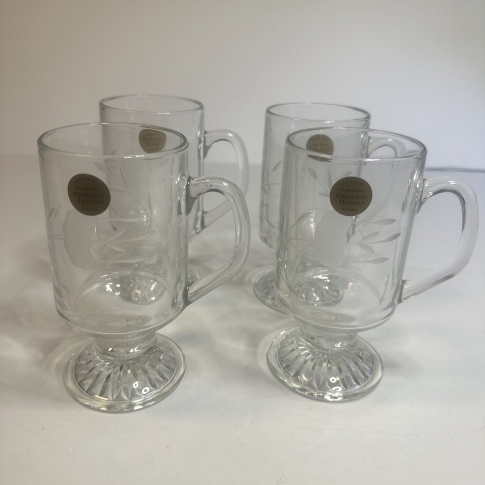 Irish Coffee Mugs Princess House Heritage 504 Footed/Tempered Glass Set of 4